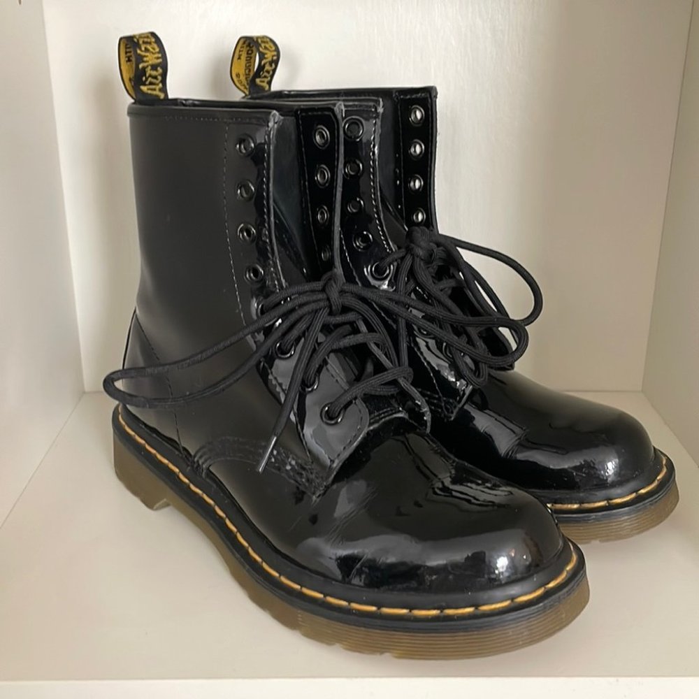 Dr. Martens 1460 Patent Leather Lace Up Combat Boots in Black